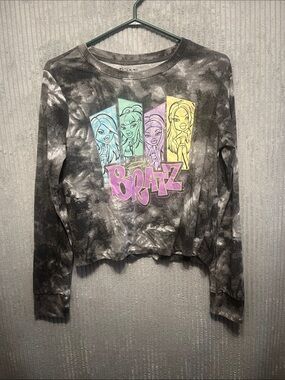 Bratz woman’s Gray Tie-Dye Cropped Long Sleeve Tee with Pastel Graphic Medium